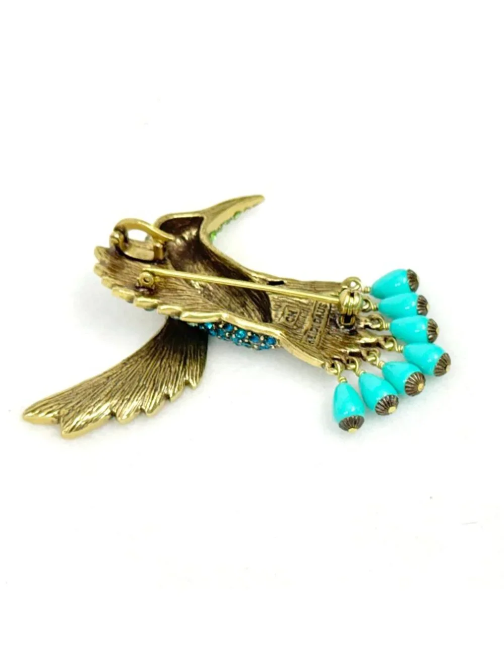 Heidi Daus Hummingbird Combo Brooch Rhinestone Embellished w/Dangling Beads